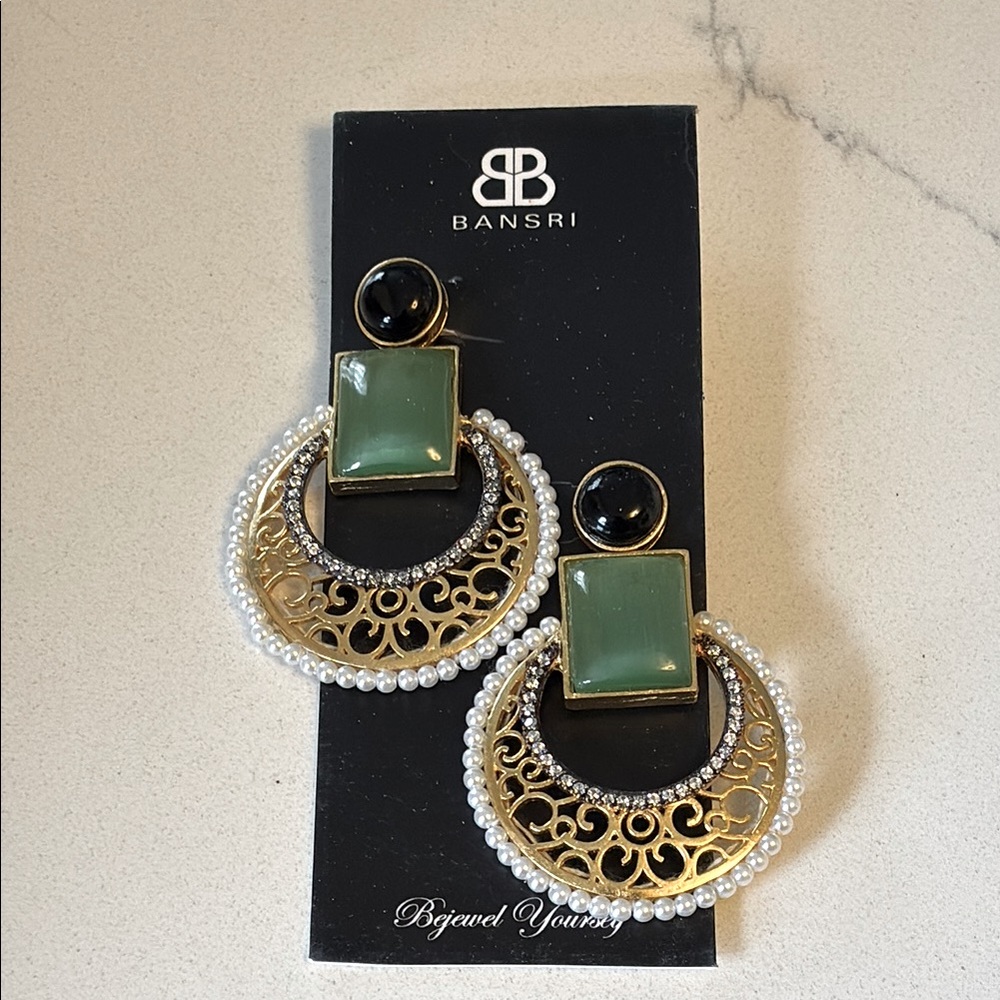Anthropologie Bansri Gold and Green Statement Earrings new in package